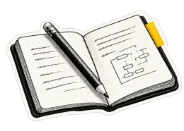 A paper-cut notebook and pencil with a yellow page tab